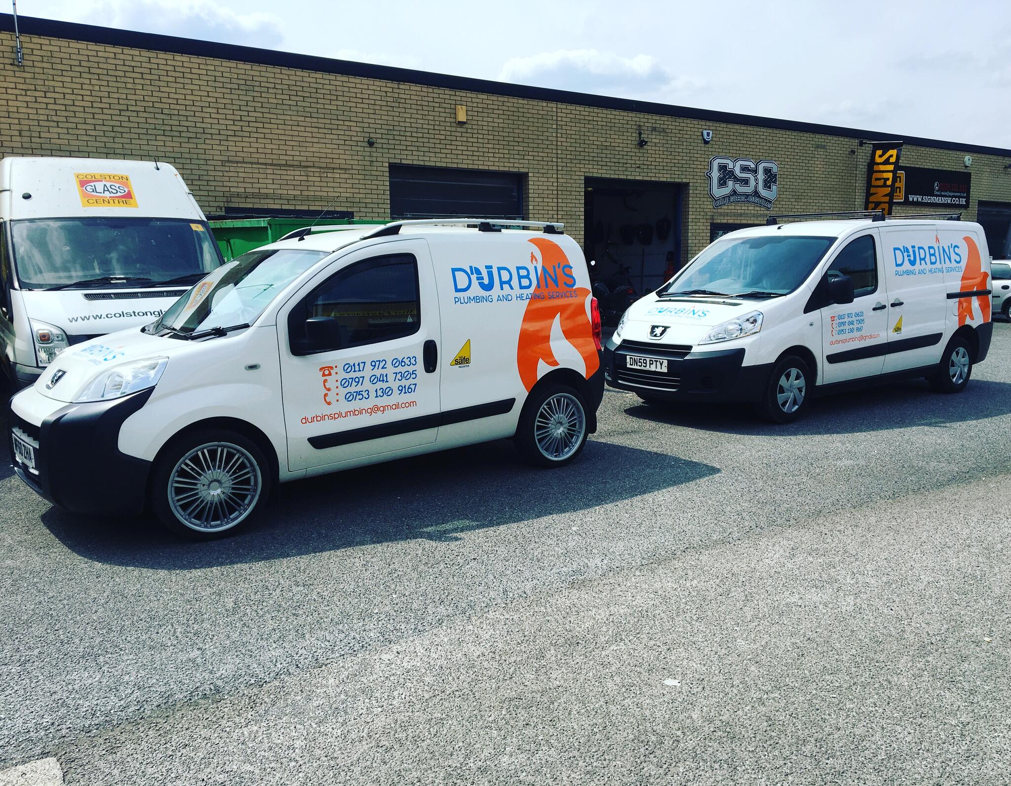 Durbin's Plumbing & Heating branded vans at work in Bristol
